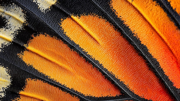 Close-up van ingewikkelde oranje en zwarte vlindervleugelpatronen