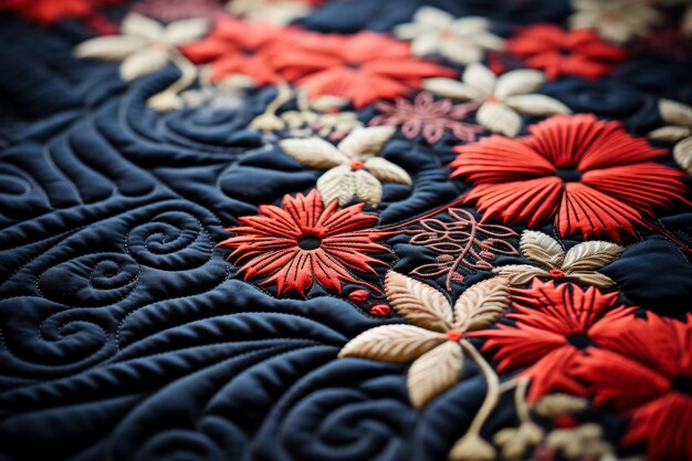 Close-up van ingewikkelde steken en patronen in traditionele quilted stoffen