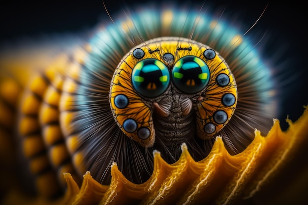Close-up van insectenkop met blauwe en gele ogen Generatieve AI