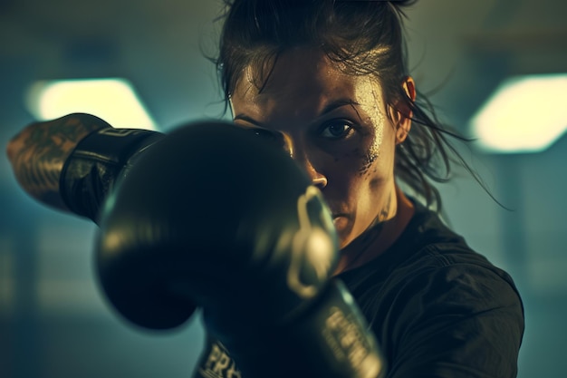 Close-up van jonge atleet blanke vrouw in zwarte sport top getatoeëerd meisje bokser in bokshandschoenen