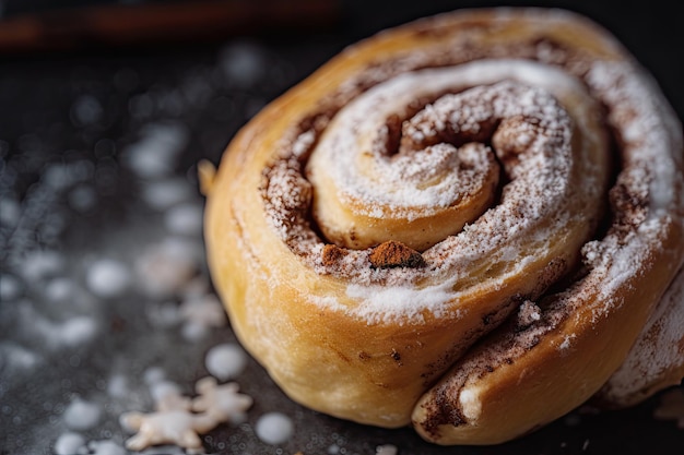 Close-up van kaneelbroodje met bladerdeeg en bestrooi met suikerkristallen