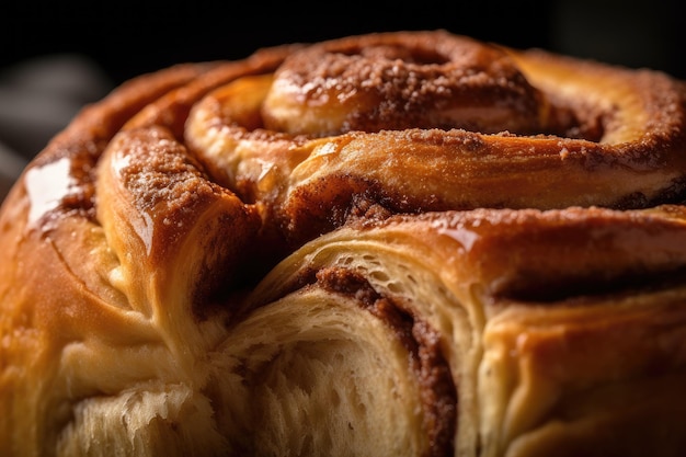 Close-up van kaneelbroodje met ingewikkelde wervelingen en lagen