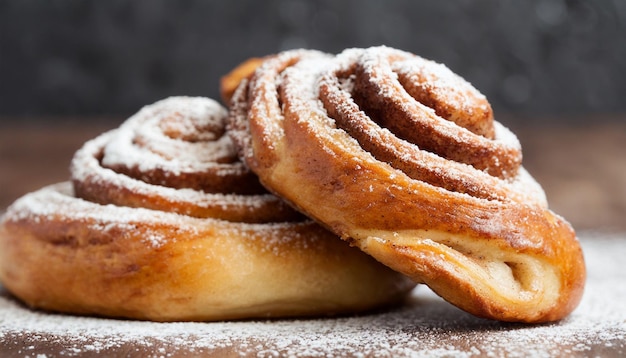 Close-up van kaneelbroodjes met suikerpoeder