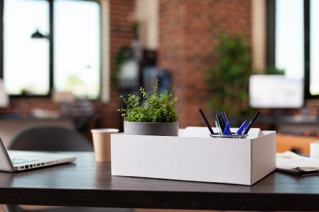 Close up van kantoorbenodigdheden in vak op houten bureau. Kamerplant in pot, decoraties en laptop op tafel in lege bedrijfsruimte. Bloempot, moderne ornamenten en computer aan het werk