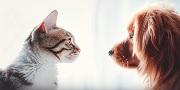 Close-up van kat en hond die elkaar aankijken