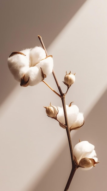 Close-up van katoenen bloem met tak met kopieerruimte op beige achtergrond Generatieve AI