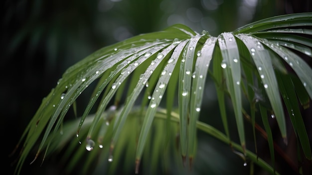 Close-up van Kentia Palm tropische plantenbladeren met regendruppels Groene natuurlijke achtergrond Generatieve AI