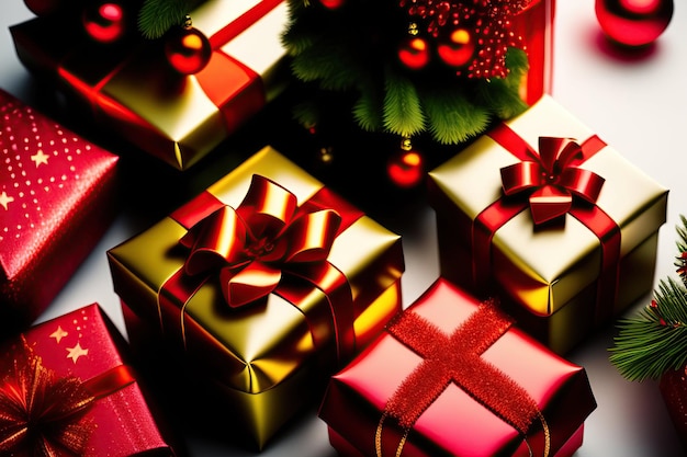 Close-up van kerstcadeaudozen onder kerstboom Top uitzicht