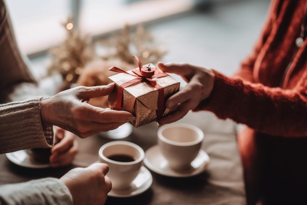 Close-up van kerstcadeaupakketten met satijnen strikken en met kerstverlichting en kleurrijke stoffen