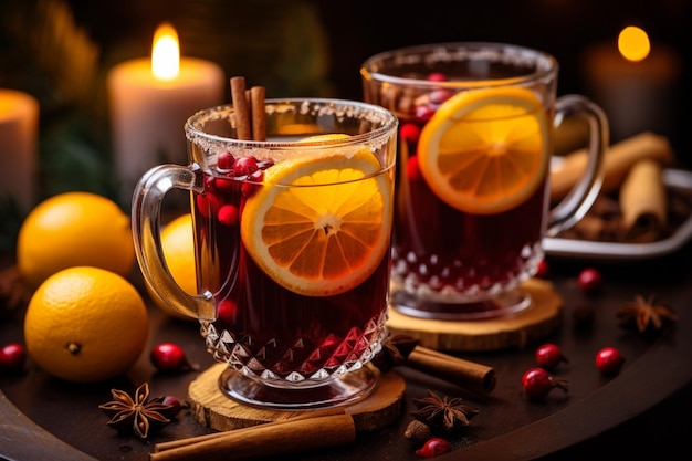 Close-up van kerstgekookte rode wijn versierd met kruiden en citrusvruchten