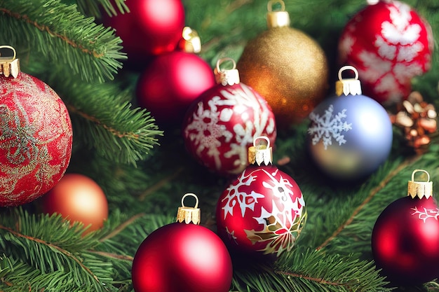Close-up van kerstspeelgoed op de boom Nieuwjaar Kerstmis achtergrond Digitale afbeelding