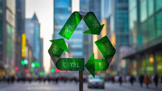 close-up van kleine groene recycle teken binnen op wazig bokeh dag wolkenkrabbers stad straat achtergrond