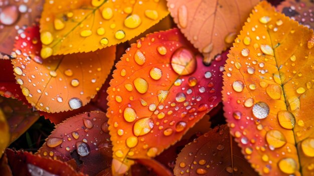 Foto close-up van kleurrijk herfstblad met druppels van een recente regen