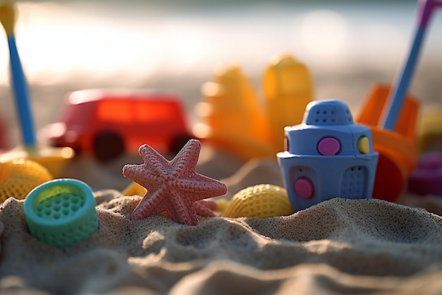 Close-up van kleurrijk strandspeelgoed en de zomer van zandkasteelvormen