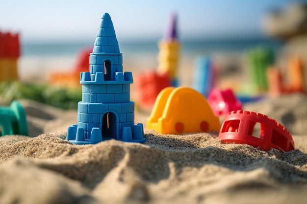 Close-up van kleurrijk strandspeelgoed en de zomer van zandkasteelvormen