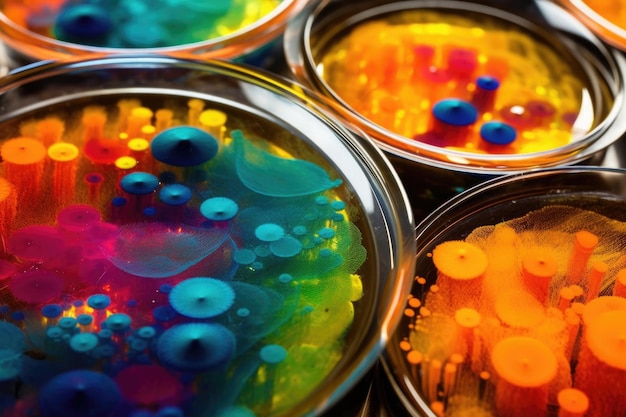 Close-up van kleurrijke bacteriekolonies op petrischaal gemaakt met generatieve ai