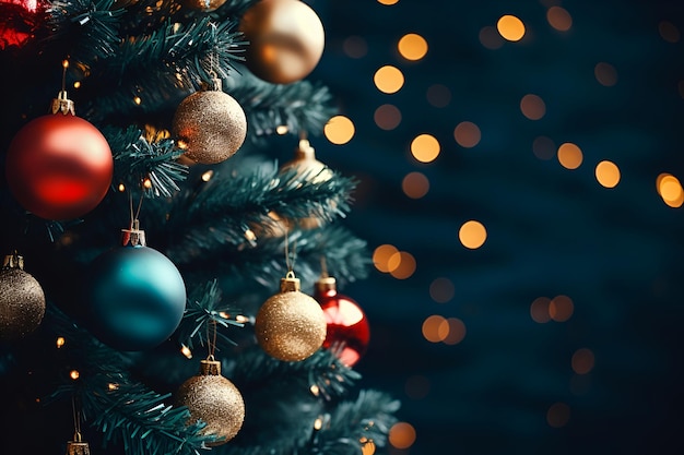 Close-up van kleurrijke ballen die aan een kerstboom hangen op een donkere achtergrond met bokeh