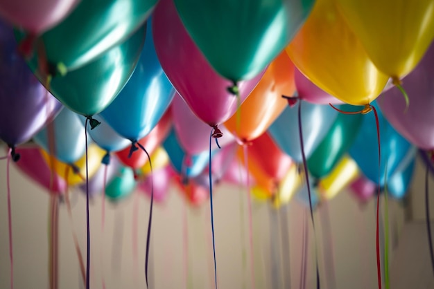 Close-up van kleurrijke ballonnen die thuis hangen