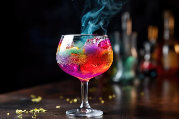 Close-up van kleurrijke cocktail met rook en bubbels zichtbaar gemaakt met generatieve ai