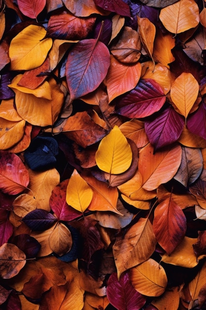 Close-up van kleurrijke herfstbladeren op de grond gemaakt met generatieve ai