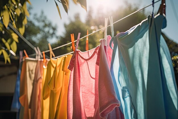 Close-up van kleurrijke kleding die op een zonnige dag aan een lijn hangt