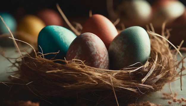 Close-up van kleurrijke paaseieren in een nest religieuze feestviering