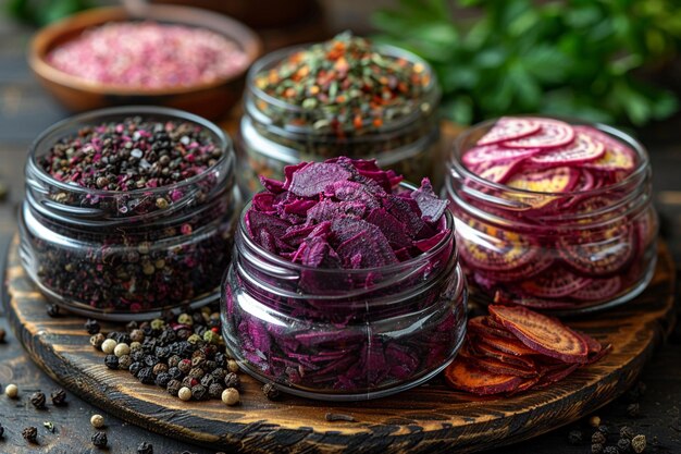 Close-up van kleurrijke specerijen voor veganistisch voedsel in kleine potten op tafel met gedehydrateerde beet ar c