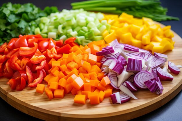 Close-up van kleurrijke stirfry-ingrediënten op een snijplank