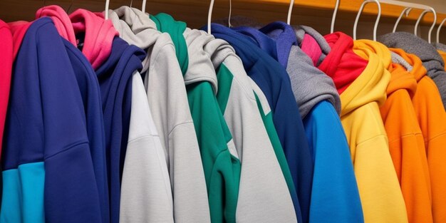 Close-up van kleurrijke T-shirts op hangers in een winkel