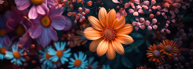 Foto close-up van kleurrijke wilde bloemen in een tuin