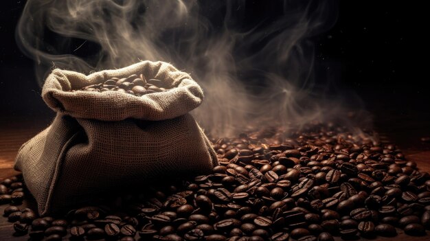 Close-up van koffieboon met rook in een zak Arabica of Robusta koffieboon Generative Ai