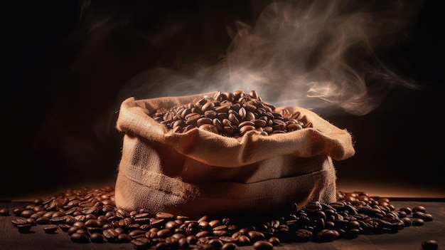 Close-up van koffieboon met rook in een zak Arabica of Robusta koffieboon Generative Ai