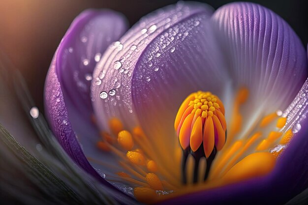 Close-up van krokusbloem in volle bloei met dauw op de bloemblaadjes