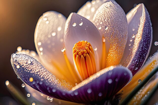 Close-up van krokusbloem met dauwdruppels op bloemblaadjes