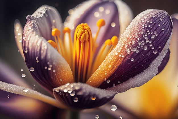 Close-up van krokusbloem met dauwdruppels op de bloemblaadjes