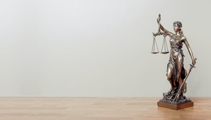 Foto close-up van lady justice op tafel tegen de muur.