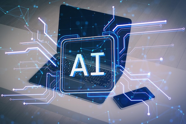Close-up van laptop en smartphone op het bureau met creatief vierkant circuit knop hologram met AI icoon op wazige achtergrond Technologie en kunstmatige intelligentie concept dubbele blootstelling