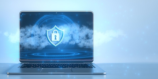 Close-up van laptop met gloeiend hangslot en schild op wolk hologram Vervaagde blauwe achtergrond met mock-up plaats Veilige en bescherming concept 3D Rendering