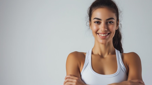Close-up van Latijns-Amerikaanse glimlachende vrouw vrouwelijke atleet die fitness traint Sportvrouw die traint geïsoleerd op de achtergrond