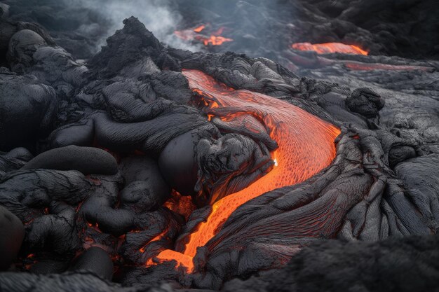 Close-up van lava die uit de ventilatieopening stroomt en zich op de grond verzamelt