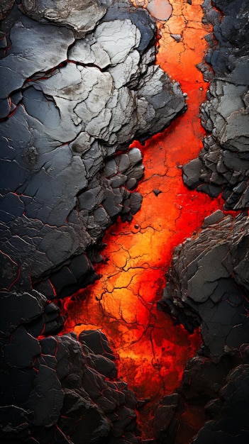 Close-up van lava waar rood licht uit komt Genatieve AI