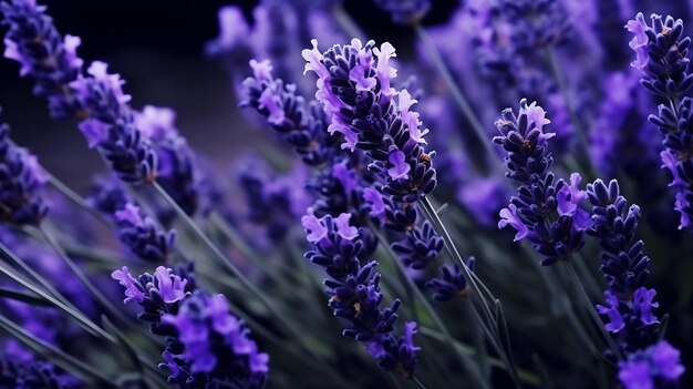 Close-up van lavendelbloemen Zachte focus op zwarte achtergrond Generatieve AI