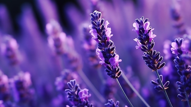 Close-up van lavendelbloemen Zachte focus op zwarte achtergrond Generatieve AI