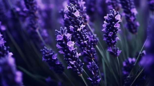 Close-up van lavendelbloemen Zachte focus op zwarte achtergrond Generatieve AI