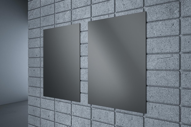 Foto close-up van lege zwarte ondergrondse banner op betonnen tegelwand op gang achtergrond 3d-rendering