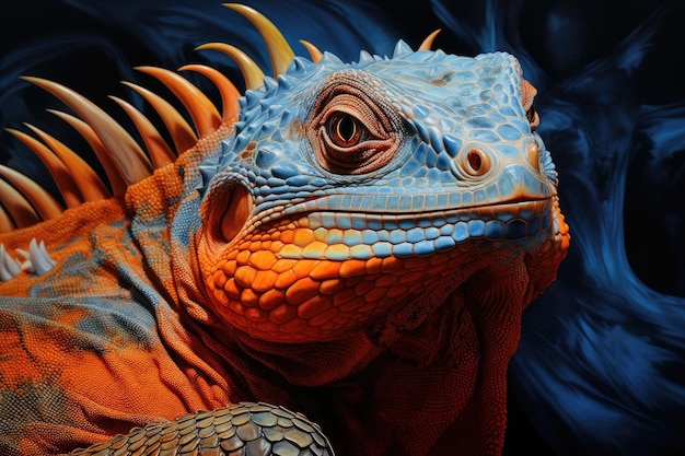 close-up van leguaan op een donkere achtergrond 3D-rendering close-up van leguaan oranje blauw AI gegenereerd