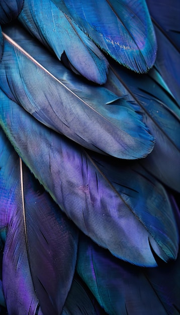 Close-up van levendige blauwe en paarse vogelveren Natuurlijke schoonheid en wildconcept