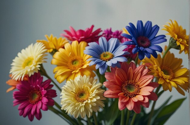 Foto close-up van levendige bloemen gerangschikt in een boeket tegen een zachte vervaagde achtergrond