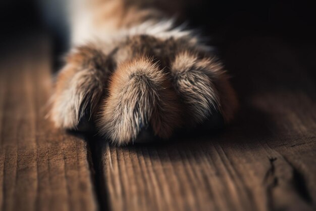 Close-up van lichtgekleurde puppy poot hond voeten en benen op hout close-up beeld van een poot van dakloze hond huid textuur