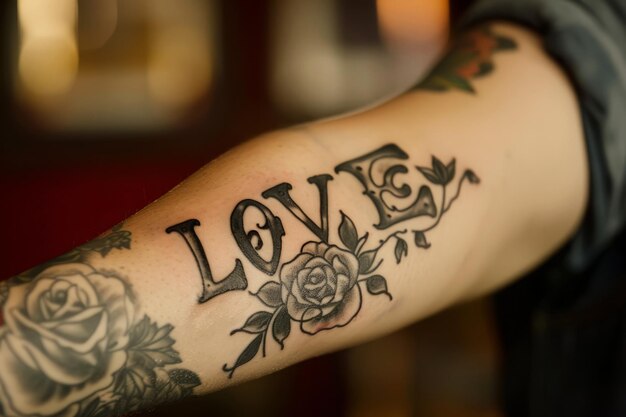 Close-up van Liefde tatoeage op personen arm met rozen